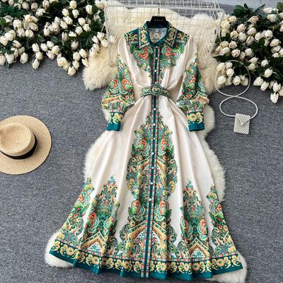 Vintage Flower Print Green Party Dress Women Turn Down Collar Long Lantern Sleeve Buttons Belt Bohemian Robe Vestidos