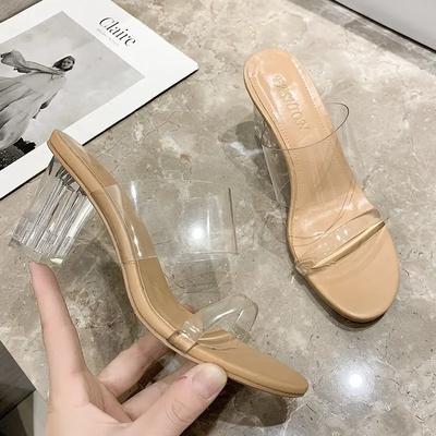 2025Summer High Heels Women Shoes Fashion Transparent Sexy Hollow Breathable Slippers Square Toe Female Clear  Slides