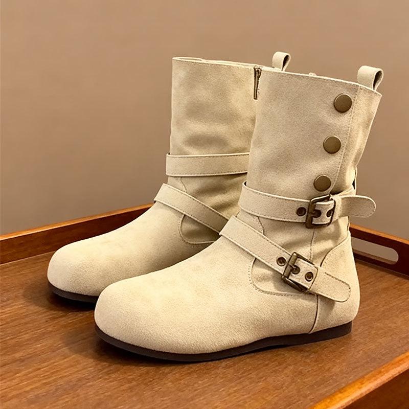 Retro belt buckle round head flat heel short boots women's 2025 autumn and winter new comfortable versatile fashion Martin boots