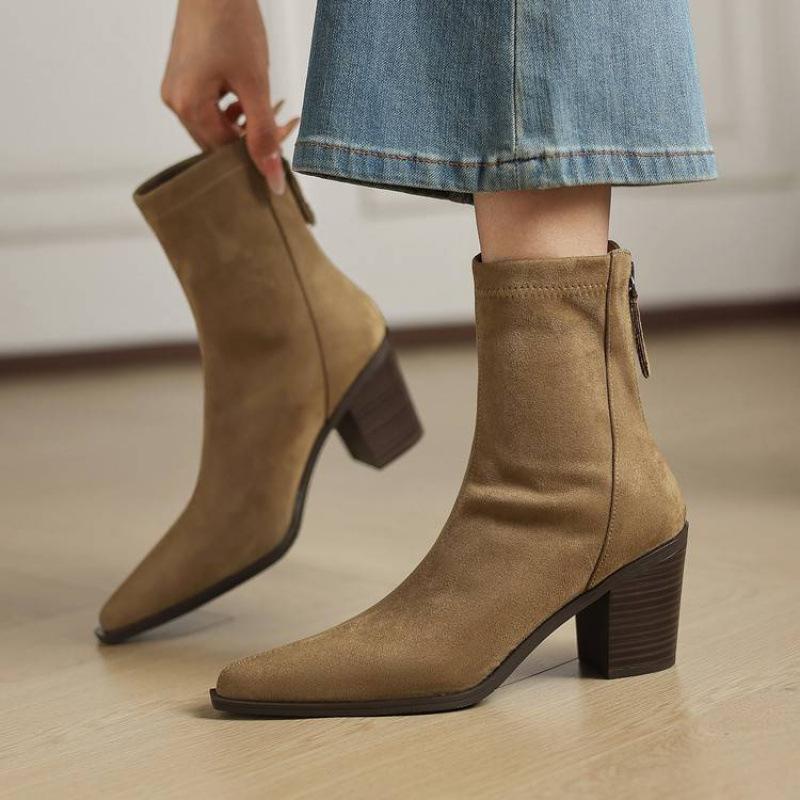 New Rubber Sole Versatile Thin Boots Solid Color High Heel Pointed Large Size Women's Boots Autumn and Winter Square Heel Cowhide Medium Boots