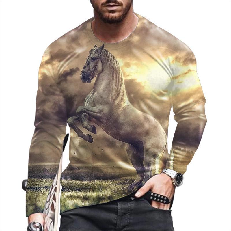 Spring and Autumn Round Neck Horse 3D Printed Top Fashionable Casual Long Sleeved Men's T-shirts