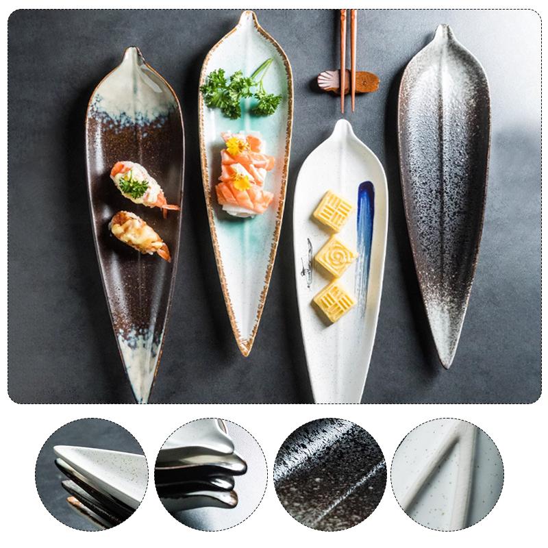 35cm Long Food Grade Ceramic Japanese Tableware Creative Leaf Shaped Sushi Plate Korean Cuisine Restaurant Sashimi Cold Dish