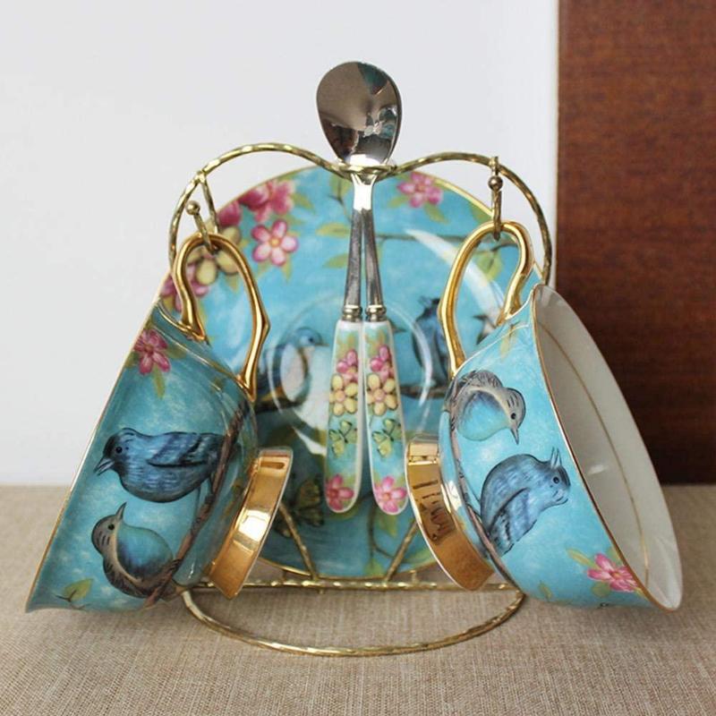 Euro Style Ceramic Cup Saucer and Spoon Set Bone China Tea Cups Small Floral White Pink Blue Patterns Home Kitchen Utensil