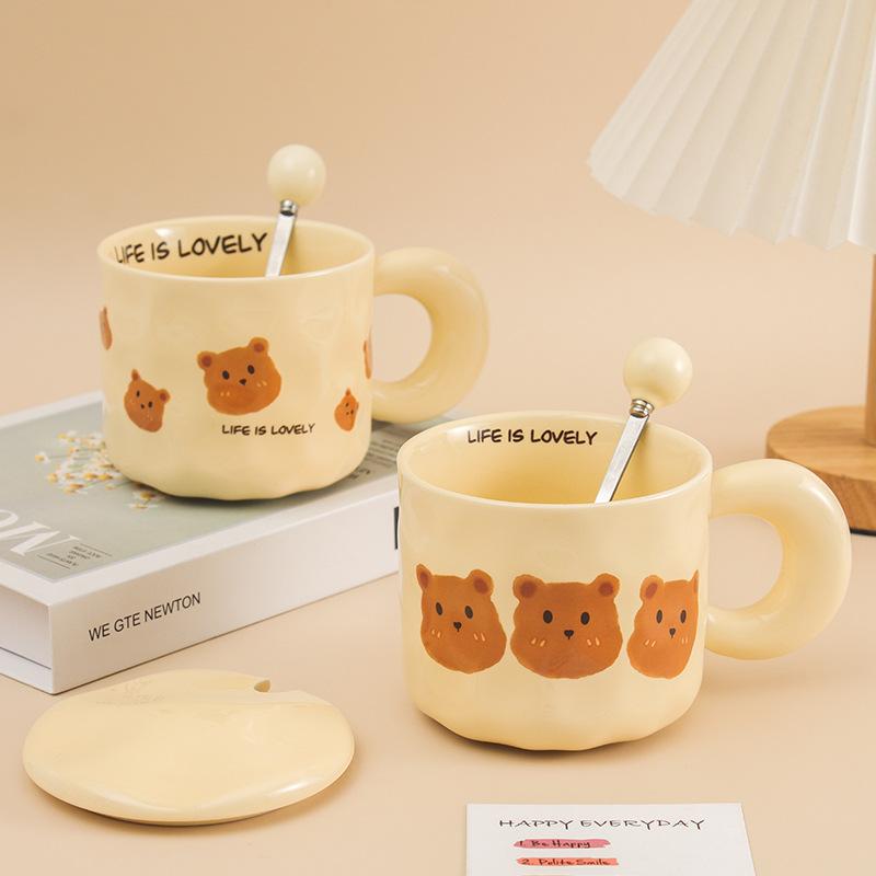 Korean Retro Bear Mug with Lid Spoon High Value Girl Couple Ceramic Cup Office Drinking Water Coffee Cup