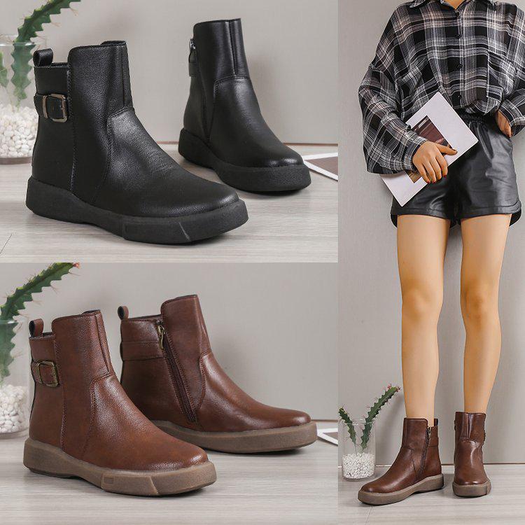 Women's Retro Round Toe Side Zipper Martin Boots - Short Tube, Thick Sole, Flat Bottom, British Style, Plus Size Available.