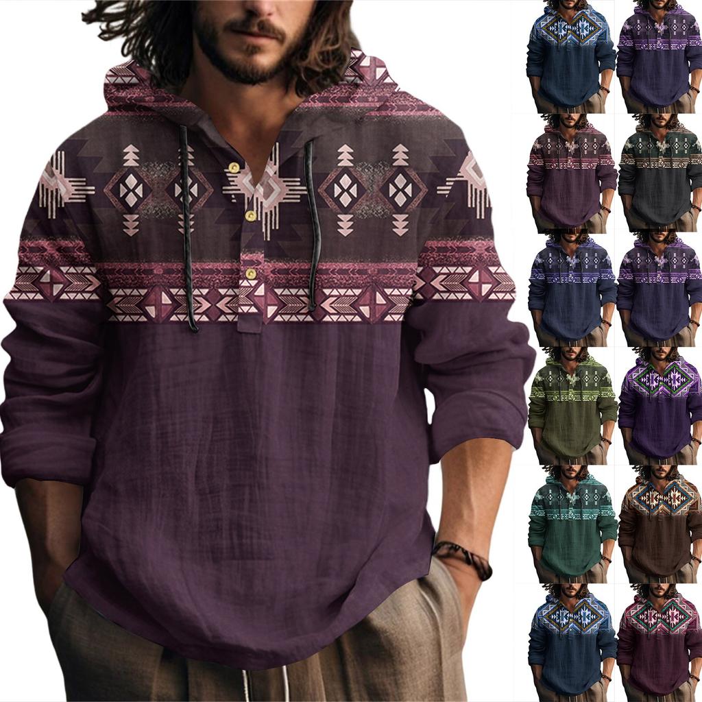 Printed Men's Cotton And Linen Shirt Hooded Long-sleeved Hooded Spring And Summer Casual Daily Wear