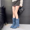 Casual pointed-heeled women's medium boots 2025 autumn new fashionable versatile comfortable pleated stacked boots