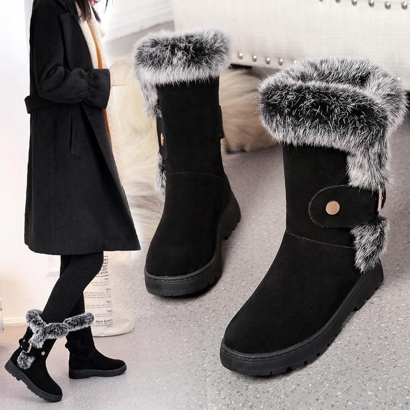 Winter Damenstiefel Lässig Warmes Fell Mid-Calf Stiefel Schlupfrunde Zehen Keilabsatz Schneestiefel Bequem