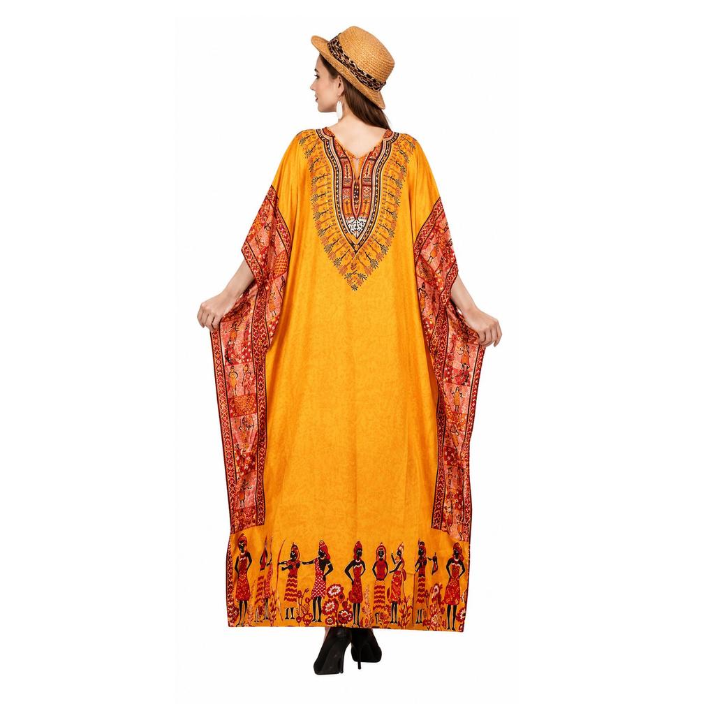 TreegoArt Fashion Women's Polyester Long African Kaftan Caftan Printed Adjustable Boho Dress Nightwear Maxi Gown