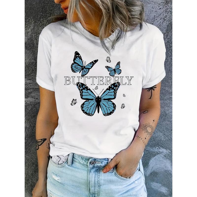 

European Size Butterfly Print T-shirt, Casual Crew Neck Short Sleeve Daily Top, Women s Clothing 4XL білий