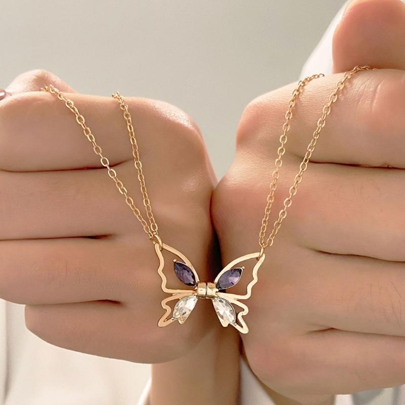 2Pcs Alloy Hollow Butterflies Pendant Necklace European American Zircon Inlay Friendship Couple Necklaces for Gift
