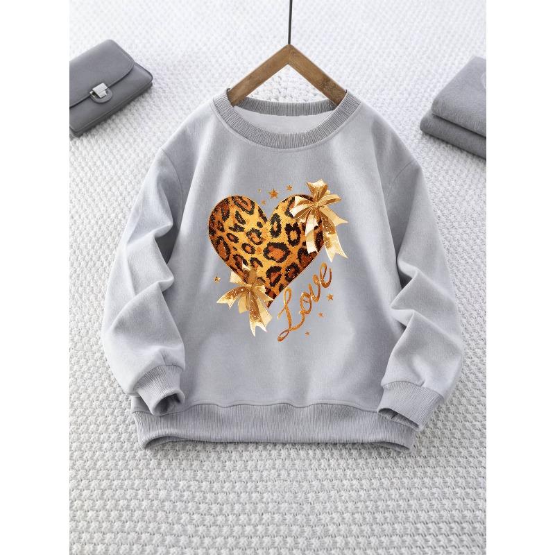 Unisex Crew Neck Sweatshirt with Leopard Print Heart and Bow Decoration , Long Sleeve, Casual Style, Perfect for Camping and Parties