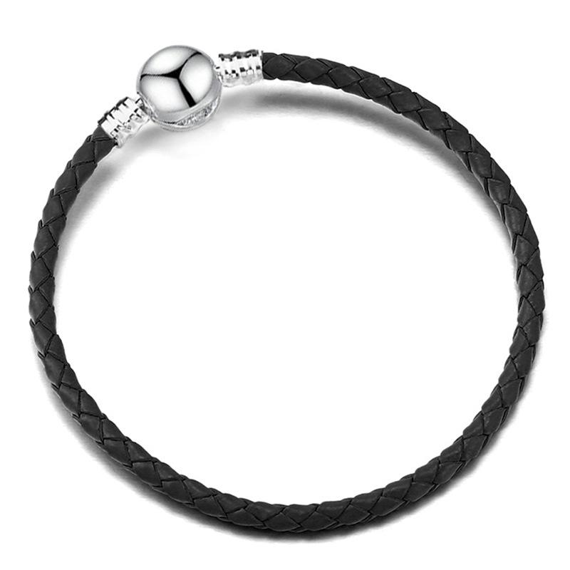 

925 Silver Beaded Leather Bracelet Multi Color Layering Charm Chain Fashion Jewelry For Women 21cm
