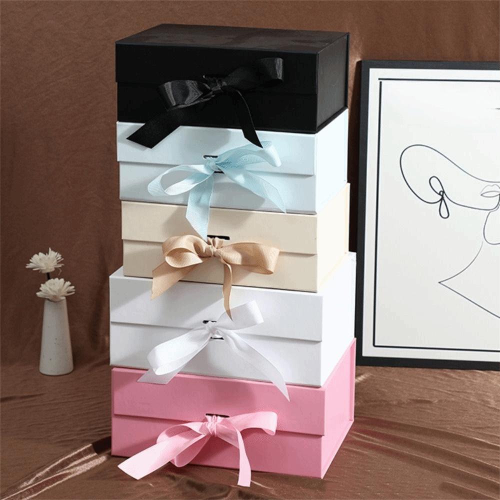 Pure Color Gift Box One-Piece Design Ribbon Decoration Cardboard Folding Box Foldable Flip Cover Wrapping Box Holiday Party