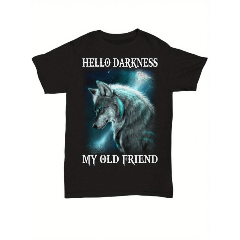 Men'S Wolf Graphic T-Shirt - Hello Darkness My Old Friend Design - Wolf Pack Shirt with Print - Casual Round Neck Tee - All-Season Comfort Fit -