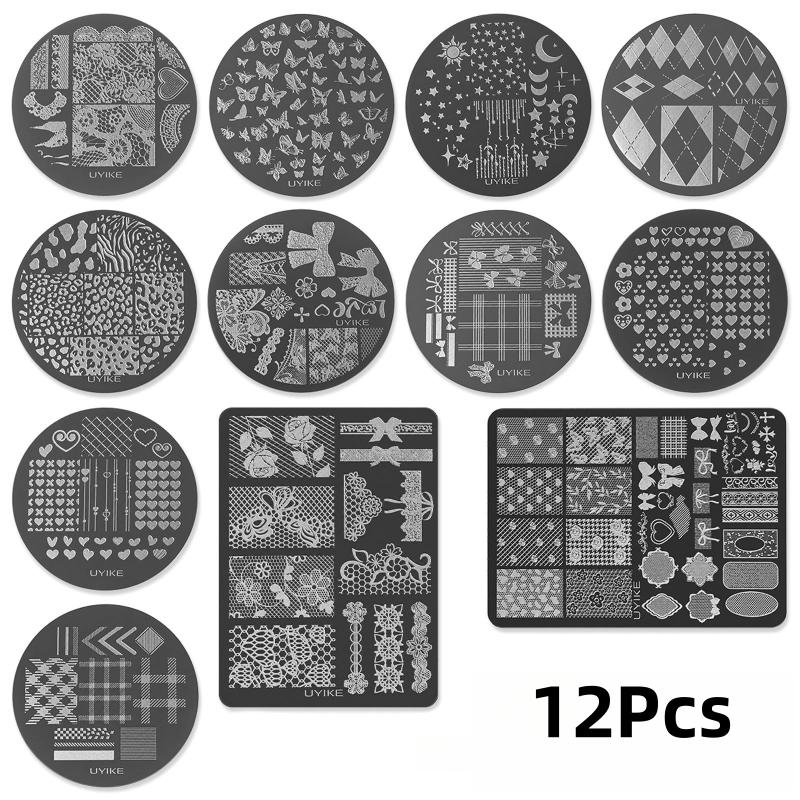 12 Pcs New Model Nail Stamping Plate Stainless Steel Nail Art Template Bow Floral French Tip Heart Manicure Tool