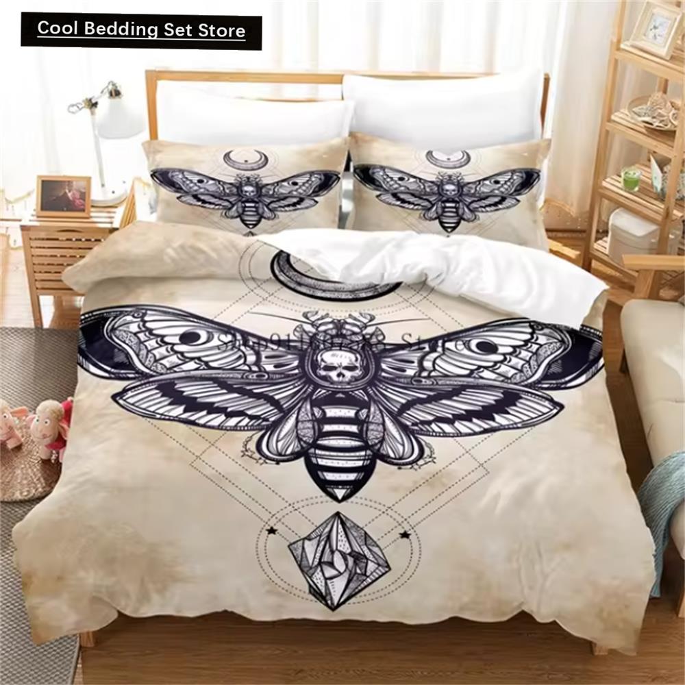 Death Moth Black Bedding Set, Gothic Bedding Set, Skull and Butterfly Cover, Luxury Home Bedding, 2pcs, 3pcs