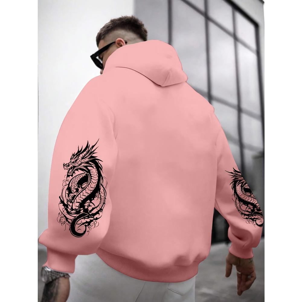 Dragon Element Print Pocket Hooded Sweatshirt Is Suitable for Daily Holiday Outdoor Wear, Autumn And Winter Thickened Men'S Print Hoodie