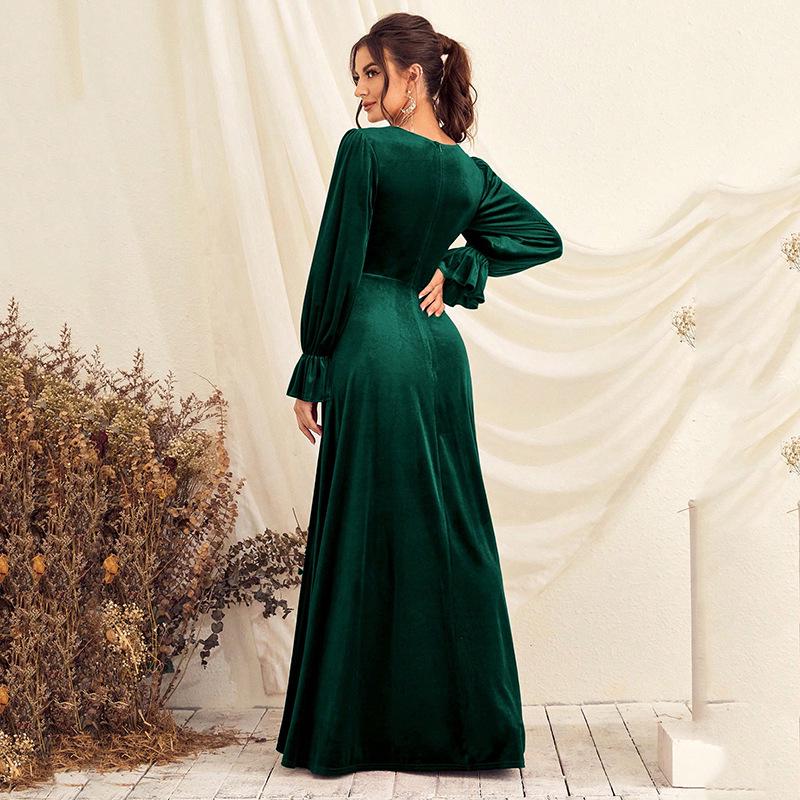 Chiffon V-Ausschnitt Langarm Frühlingsabendkleid mit geraffter Taille