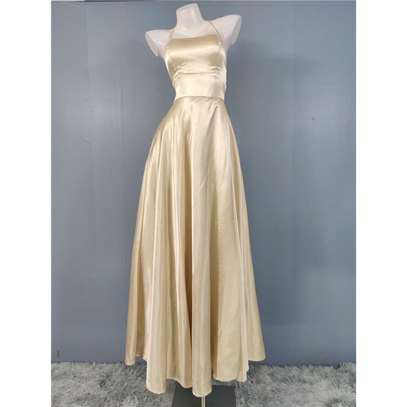 Export Single Gas Field Split Banquet Party Royal Beauty Smooth Acetate Satin Sling Strap Long Dress Chest Pad