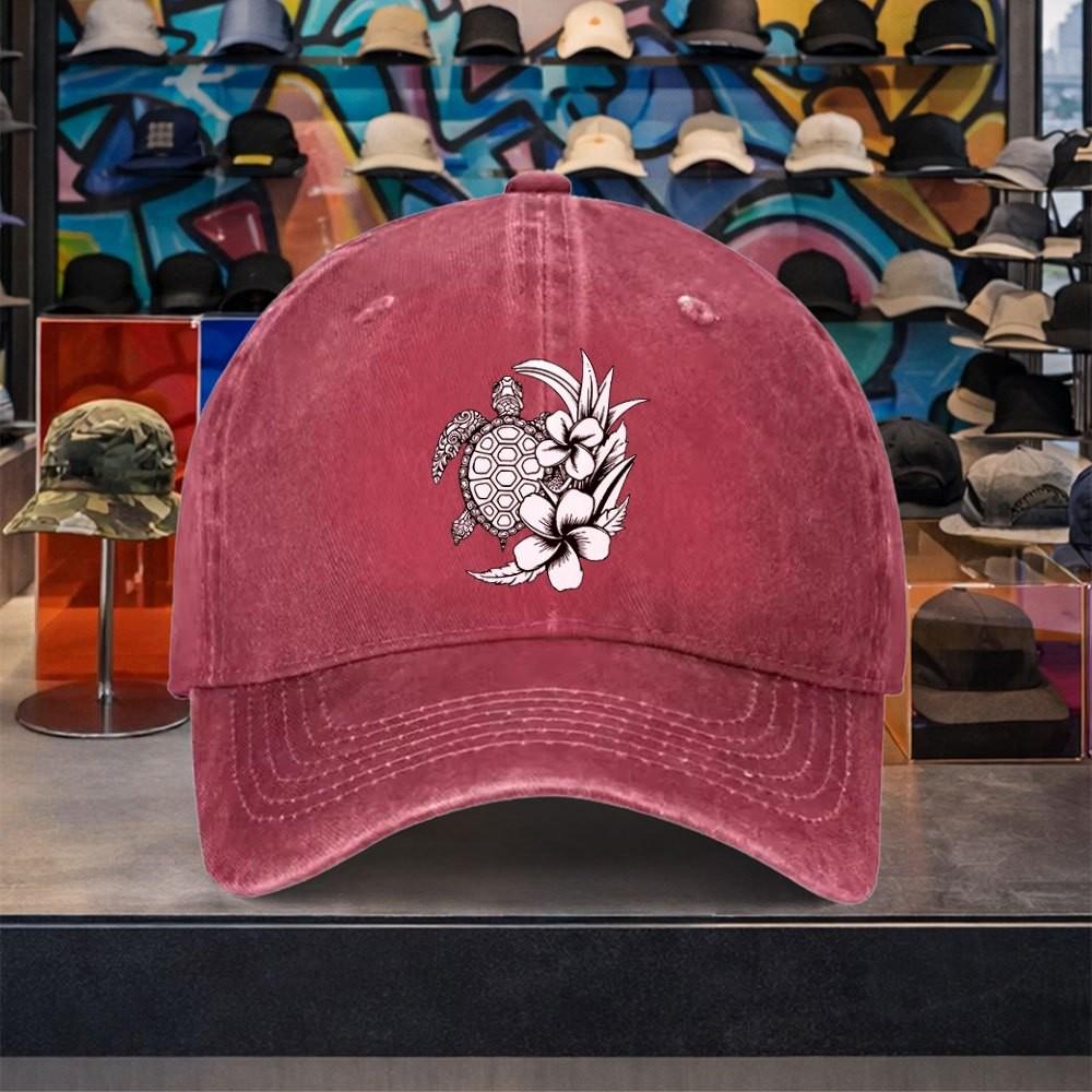 Sea Turtle Floral Washed Baseball Cap Adjustable Cotton Outdoor Casual Unisex Adult Hat