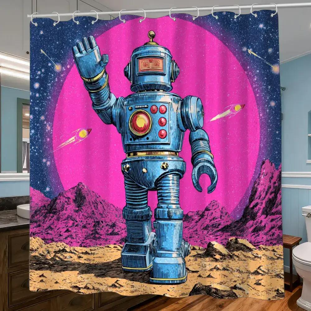 

Retro Sci-Fi Robot Shower Curtain With 12 Hooks 70.87X70.87 Inch Space Theme Bathroom Decor – Vintage Futurism Design W60H190(CM)-1 Pcs