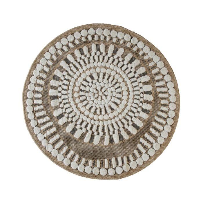 Round Living Room Rug Jute Look White Embossed Patterns Diameter 90