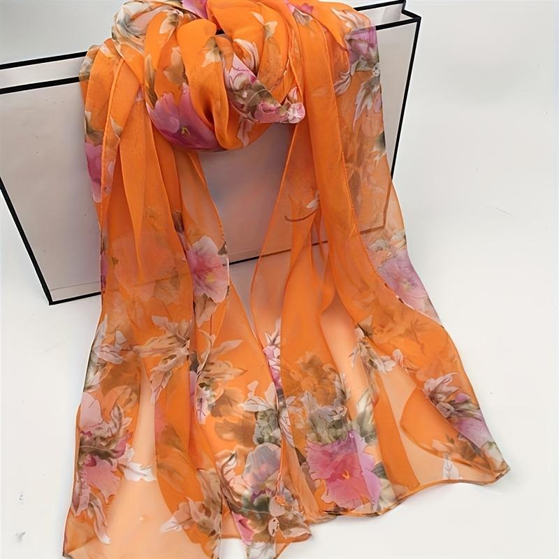 Whimsical Camellia Print Chiffon Scarf - Soft, Breathable & Versatile Shawl for Women - Perfect for All Seasons, Polyester Fiber, Elegant Accessory