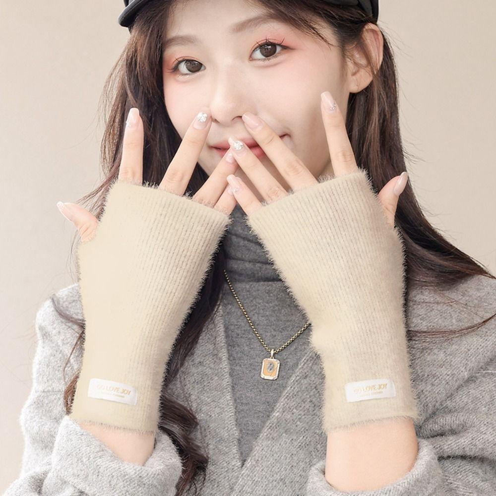 Winter Knitted Driving  Half Finger Gloves Faux Mink Wrist Arm Warmer Women Mittens