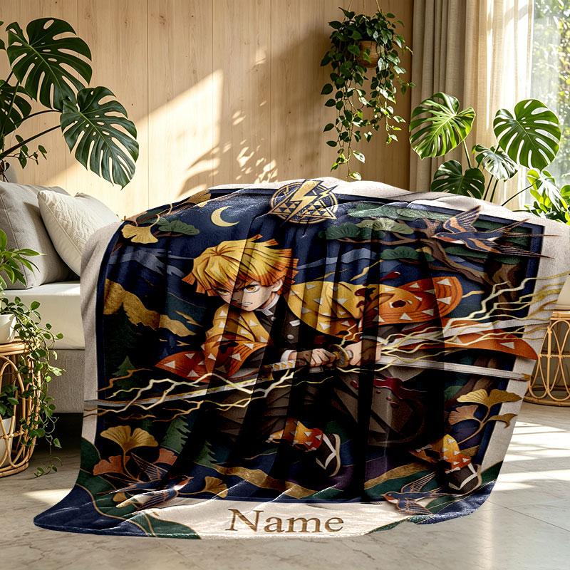 Couverture Personnalisée au Nom avec Impression Demon Slayer, Décoration d'Intérieur, Chambre à Coucher, Canapé, Camping, Canapé, Cadeaux pour Anniversaire Noël