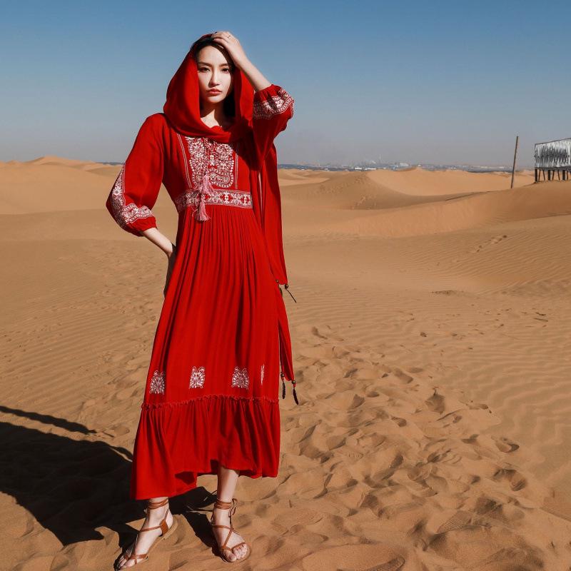 Yunnan Sanya Fairy Beach Red Dress - Women's Long Slimming Desert Travel Outfit