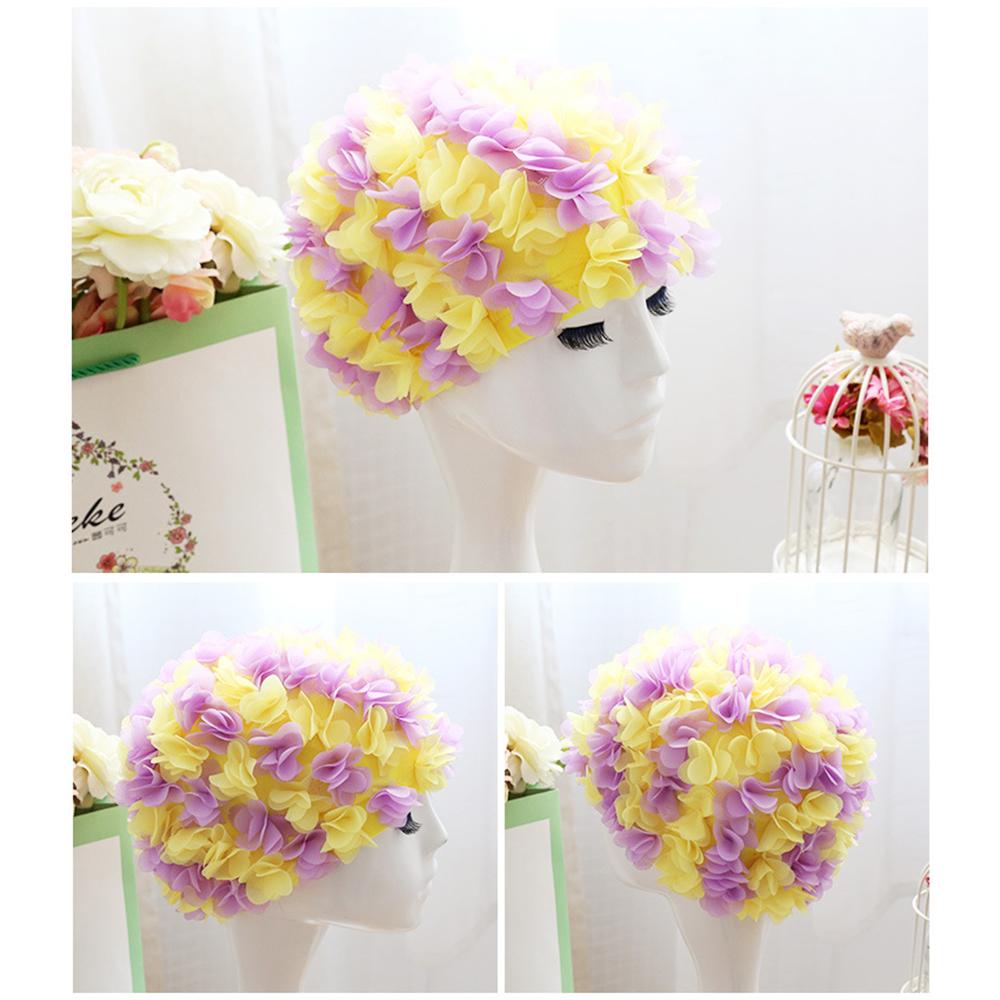 Damen 3D Blumen Design Badekappe Wasserdicht Elastisch Weich Bade Duschhaube für Damen Tauchen Schwimmen Strandkappe Badezimmerzubehör