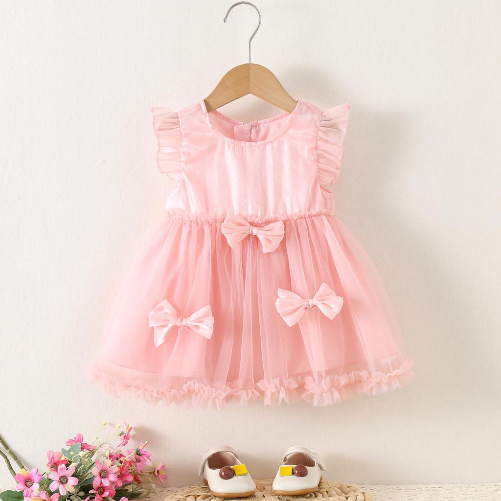 Girls' Fashionable Bow Tie Netted Chiffon Dress - Summer Children's Princess-style Dress