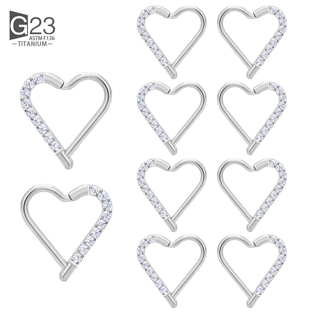 10Pc ASTM F136 Titanium Daith Heart Earring Hoop Cartilage Tragus Helix Rings Hinged Segment Hoop with Clear CZ