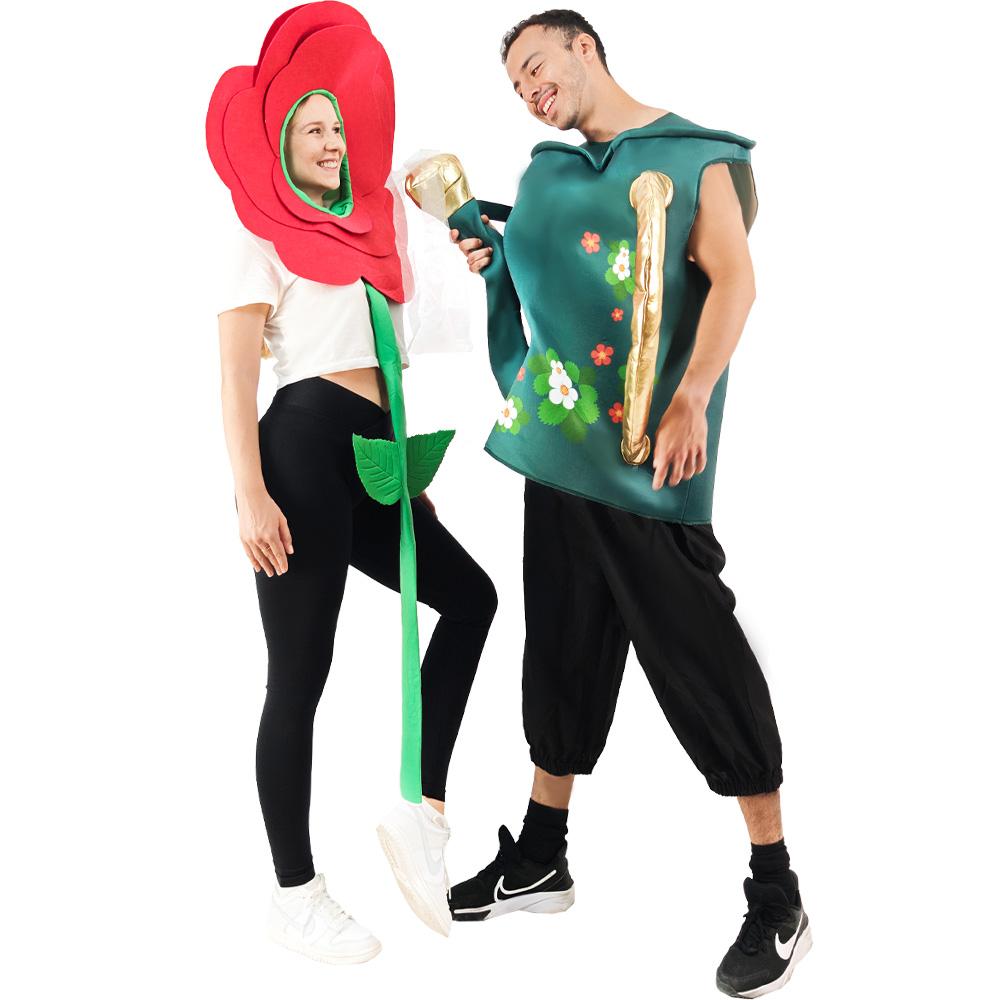 2 Pcs Couples Adults Sprinkler Kettle and Flower Suit Halloween Costumes Women and Men Garden Tools Party Cosplay