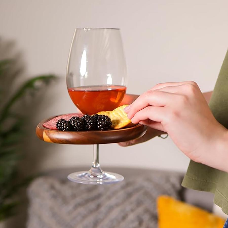 Wood Appetizer Plates Set of 4 Acacia Wood Appetizer Plates Wooden Cocktail Appetizer Plates with Wine Glass Holder Cheese Board