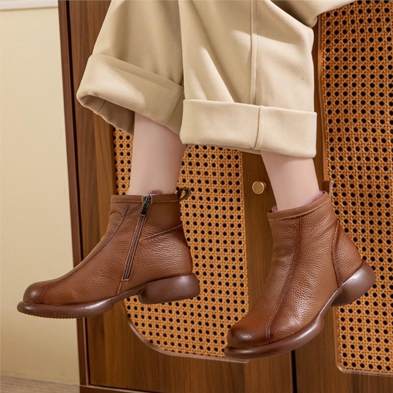 Johnature Thick And Warm Cotton Shoes Women's Winter Genuine Leather Anti Slip Low Heel Plush Short Boots