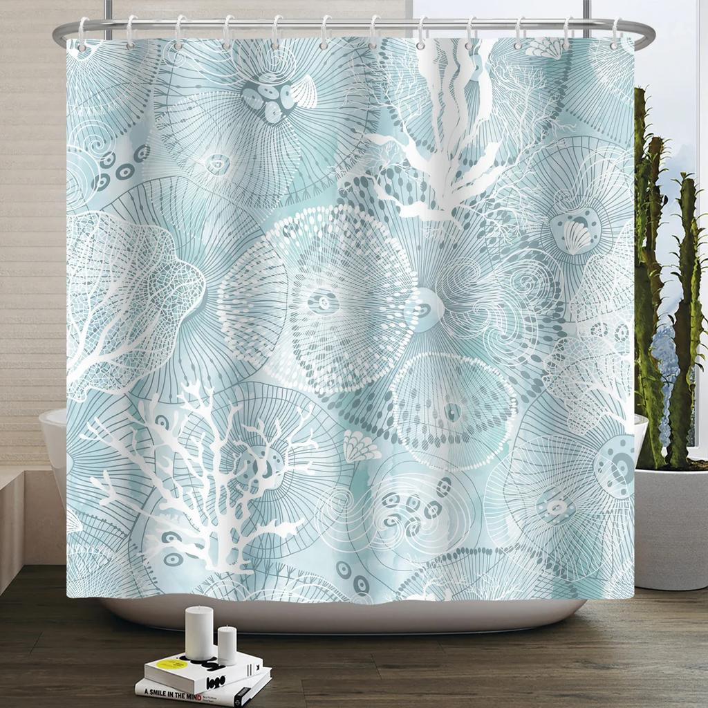Nautical Coastal Shower Curtain Starfish Coral Seashell Beach Ocean Bathroom Curtain Underwater Marine Waterproof Bath Curtain