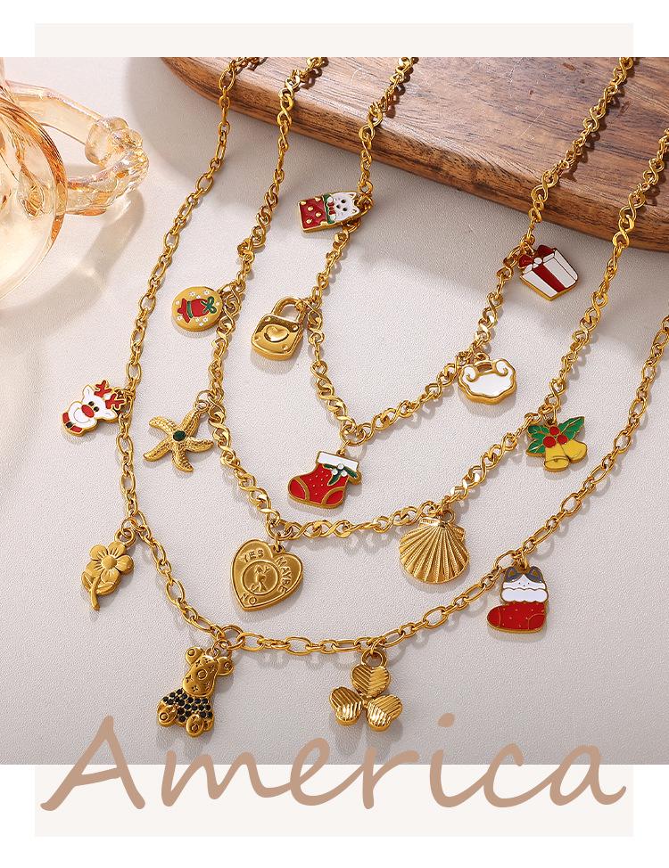 Colar Pingente de Natal DIY Europeu e Americano: Aço Inoxidável Banhado a Ouro 18K, Design de Desenho Animado Fashion para Mulheres.