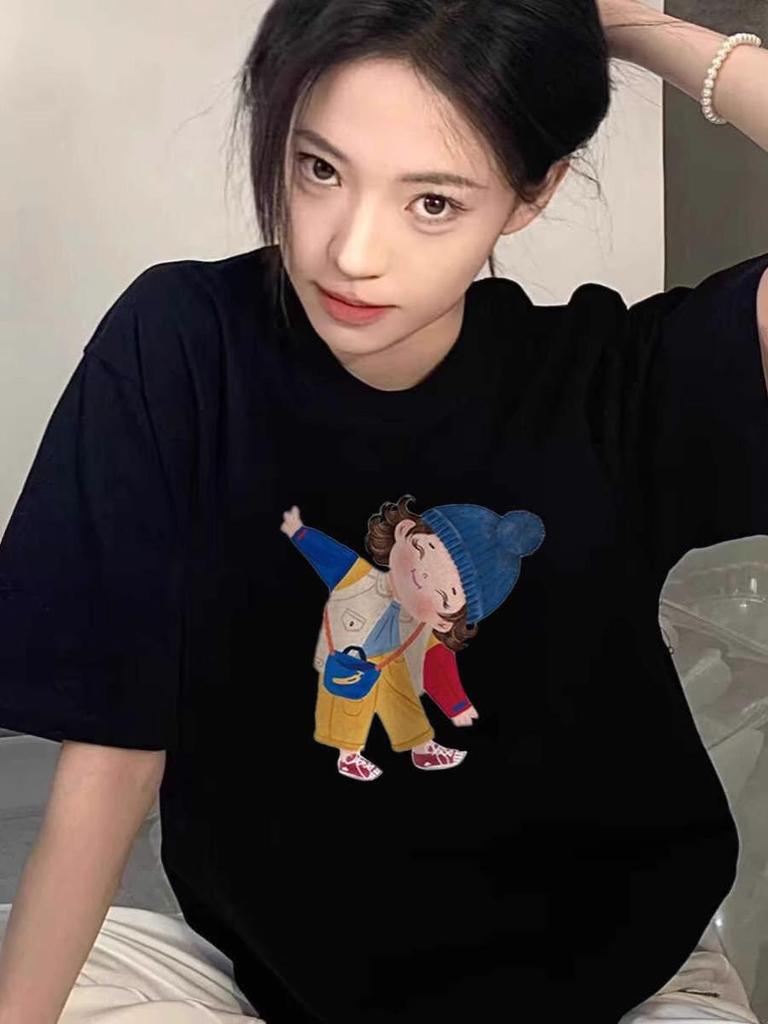 Summer 2025 Women's Loose Cartoon Print Pure Cotton T-Shirt
