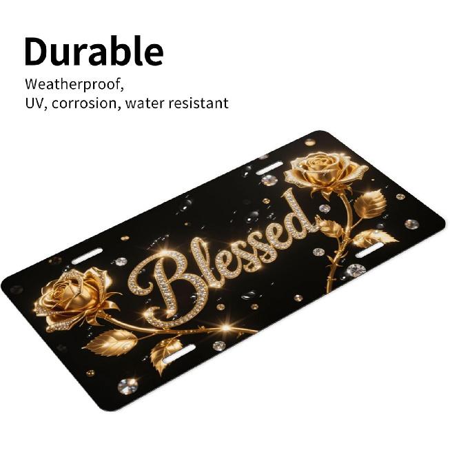 Gold Rose Blessed Front License Plate for Women Car Vanity Plates Decorative Aluminum Metal Cute Novelty License Plate Cover for Men 6x12 Inch (4
