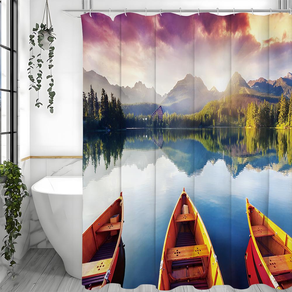 Landscape Lake Wooden Boat Scenery Shower Curtain, Bathroom Decorative Shower Curtain, Waterproof Shower Curtain with Hooks