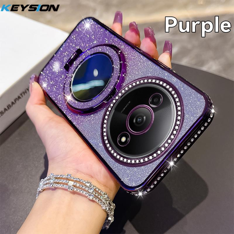

KEYSION Роскошный блестящий магнитный чехол с драгоценностями для Redmi A3 A3X, чехол-подставка с зеркалом для макияжа, противоударный чехол для Xiaomi POCO C61 for Redmi A3 фиолетовый