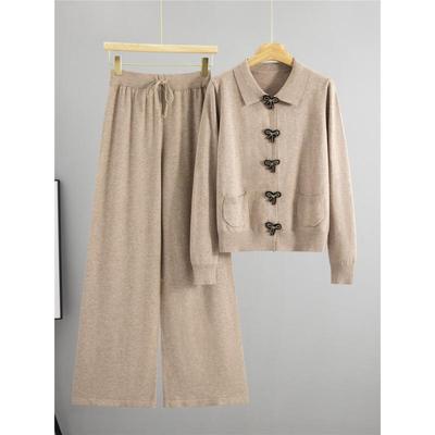Women's Spring & Autumn Small Fragrance POLO Collar Knit Two-Piece Set: Long Sleeve Sweater Coat & Wide Leg Pants.
