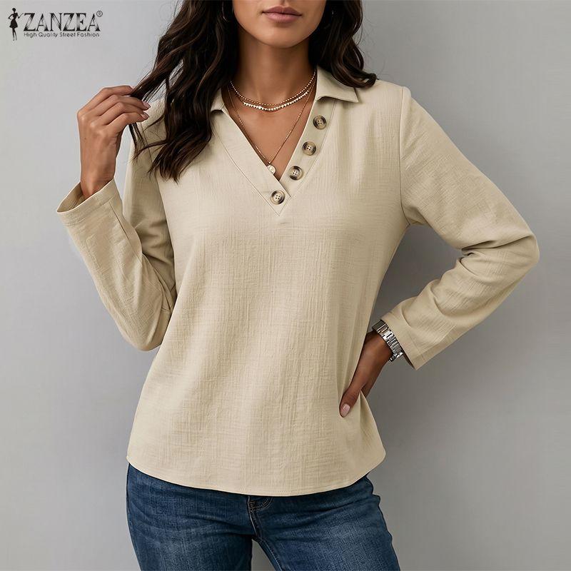 ZANZEA Womens Casual Lapel V Neck Long Sleeve Solid Color Blouse Loose Fit Work Office Shirts