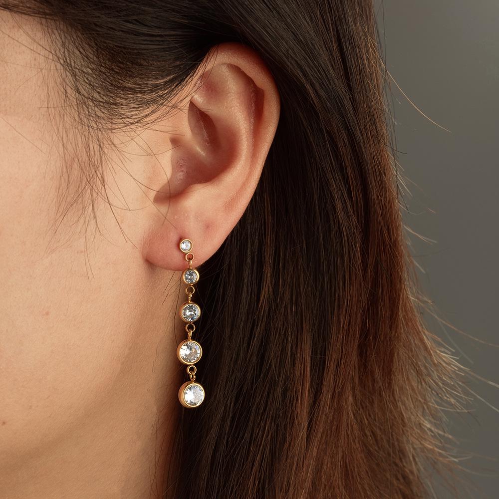 Trendy Women's 18K Gold-Plated Emerald Tassel & Stud Earrings with Cubic Zirconia In Stainless Steel