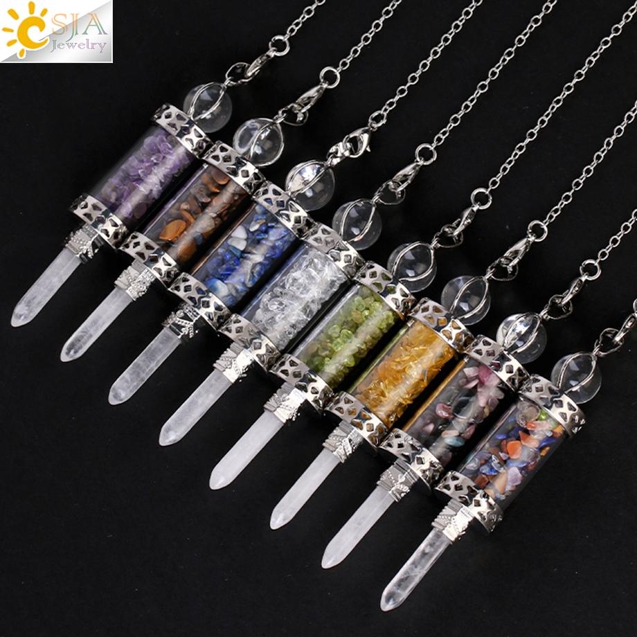 CSJA Crystal Pendulums for Divination Dowsing Wishing Bottle Natural Stone Pendant Hexagonal Clear Quartz Pendulum Balanced H025