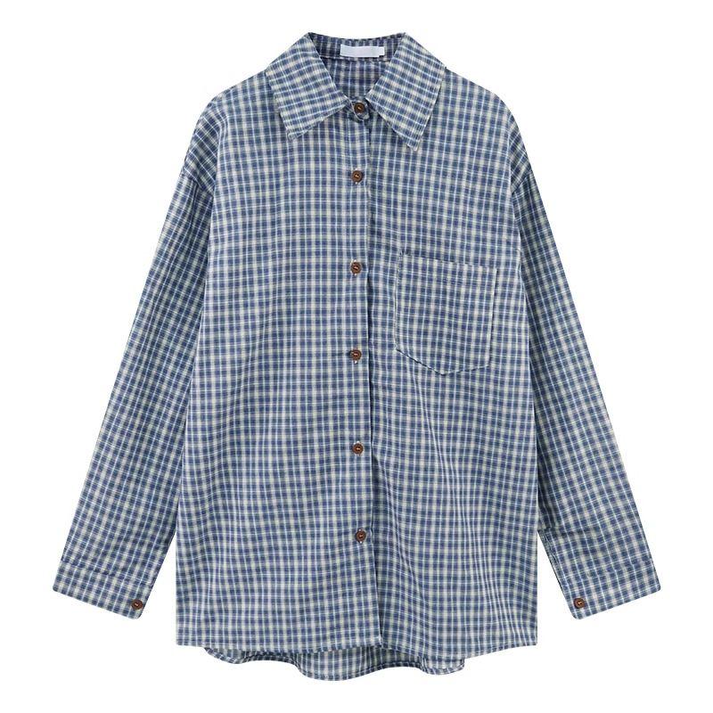 

Blue Plaid Shirts Inner wear Spring and Autumn Women clothes Stacked Shirt Niche Design Sense Top Spring Casual Outerwear Blue Check Quality Edition S