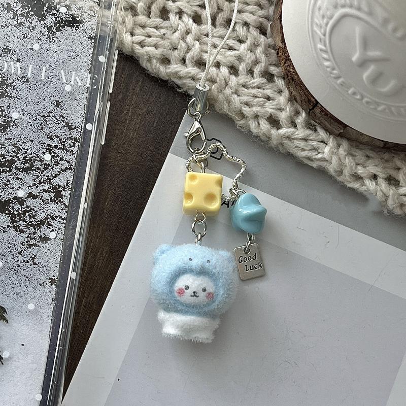 Cute Cartoon Flocking Little Bear Keychain Kawaii Pesin Mobile Phone Rope Pendant Backpack Decoration Pendant Accessories Gift