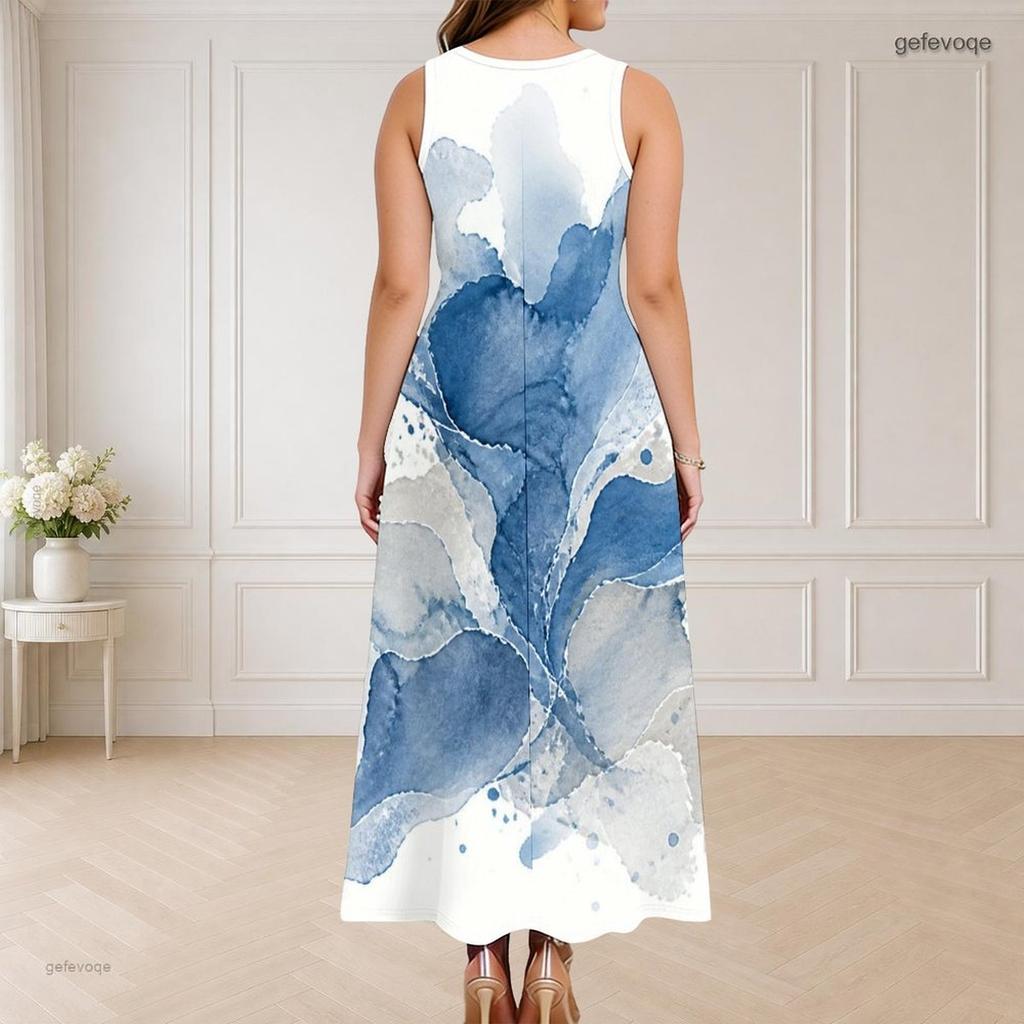 Women Plus Size Round Neck Triple Keyhole Cutout Sleeveless Printed Blue Beige White Long Maxi Dress